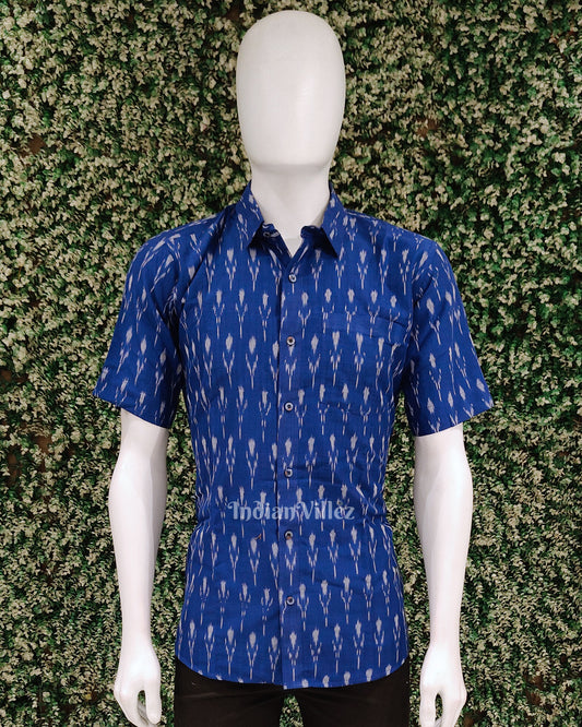  Blue Pochampally Ikat Cotton Half Sleeve Shirt for Men