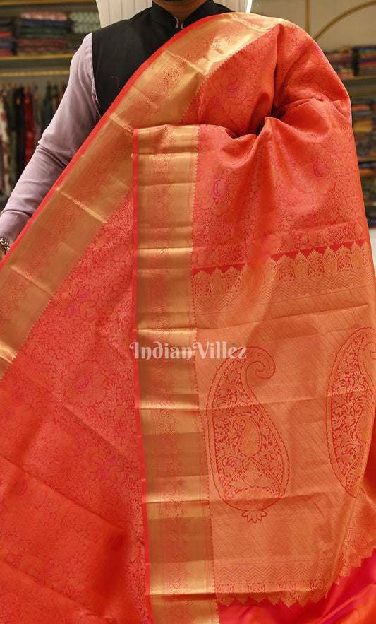 Blood Red with Golden Floral Brocade Pure Kanjivaram Silk Saree