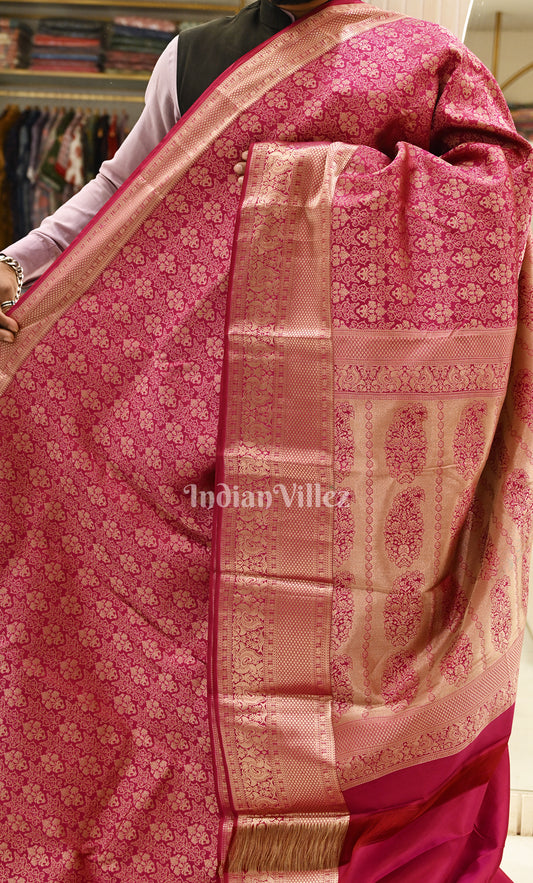  Bridal Magenta Pink Floral Brocade Pure Kanjivaram Silk Saree 