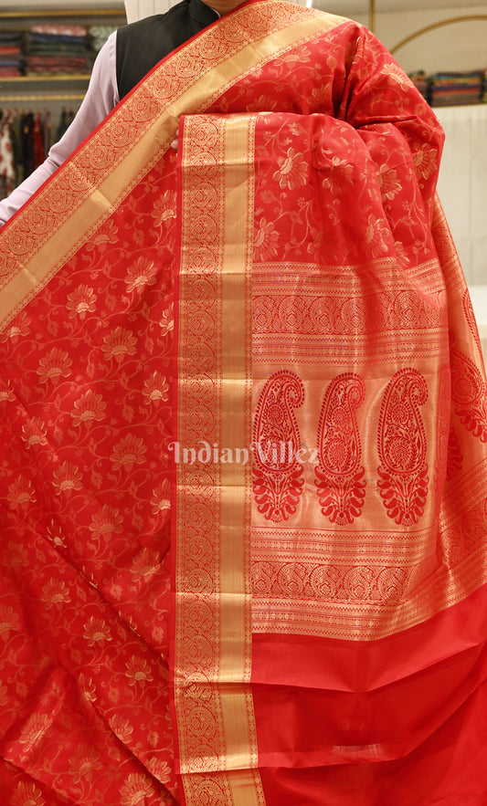 Vibrant Red Floral Brocade Pure Kanjivaram Silk Saree