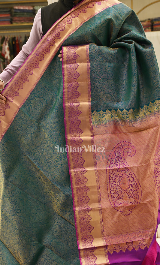 Classy Light Blue Purple Floral Brocade Pure Kanjivaram Silk Saree