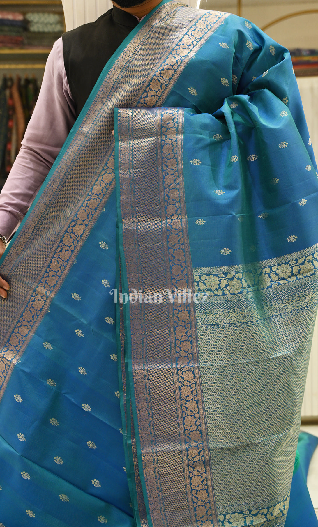Teal Blue Brocade Pure Kanjivaram Silk Saree