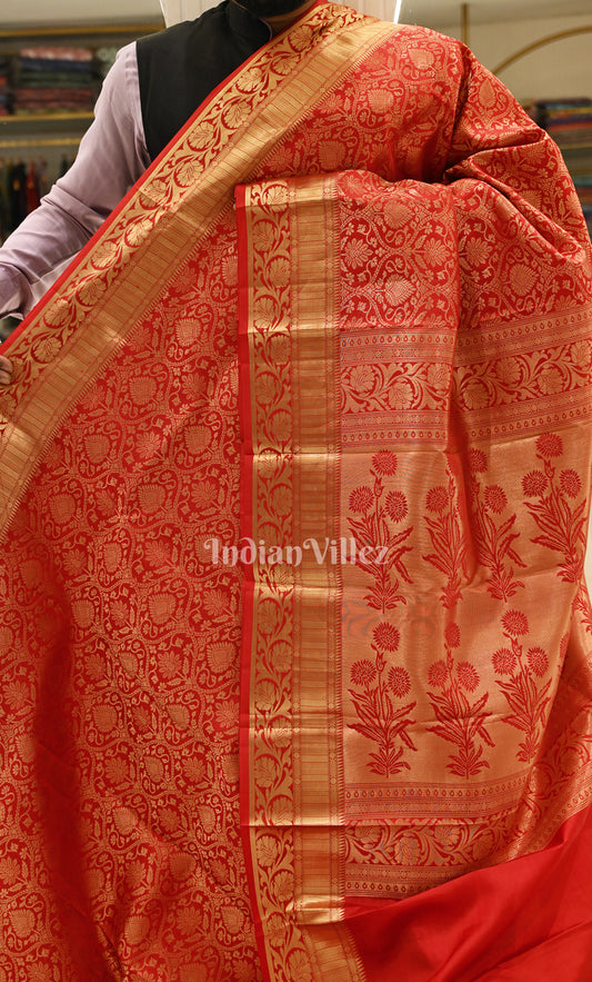 Exquisite Bridal Red Floral Brocade Pure Kanjivaram Silk Saree 