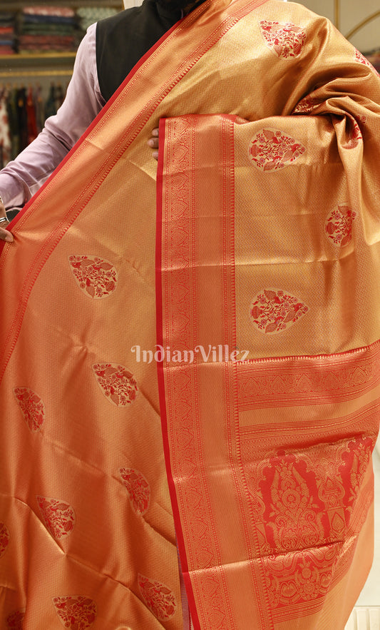 Light Orange Red Paisley Pure Kanjivaram Tissue Silk Saree
