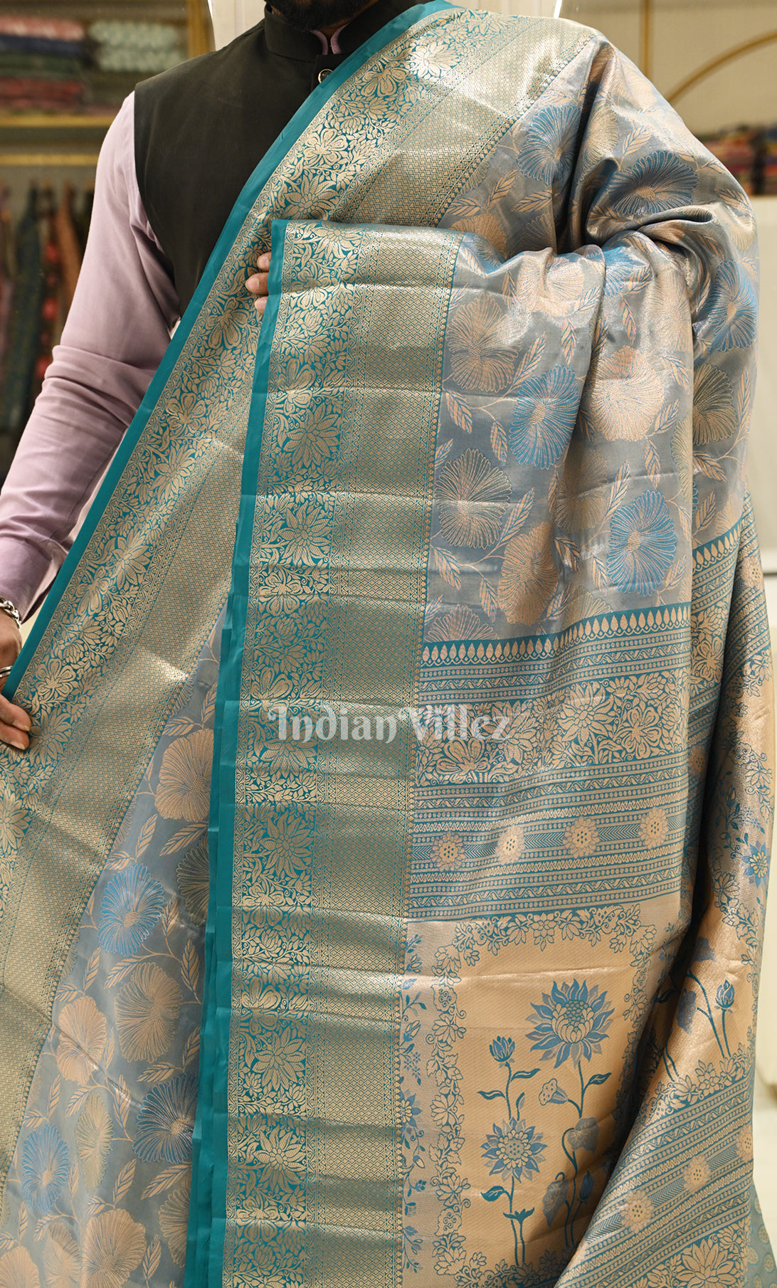 Light Blue Gold Floral Pure Kanjivaram Silk Saree 