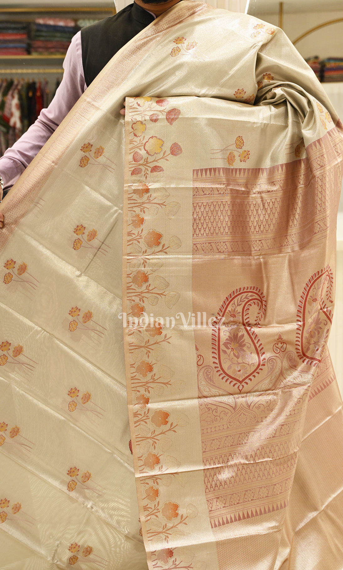 Beige Floral Pure Kanjivaram Tissue Silk Saree