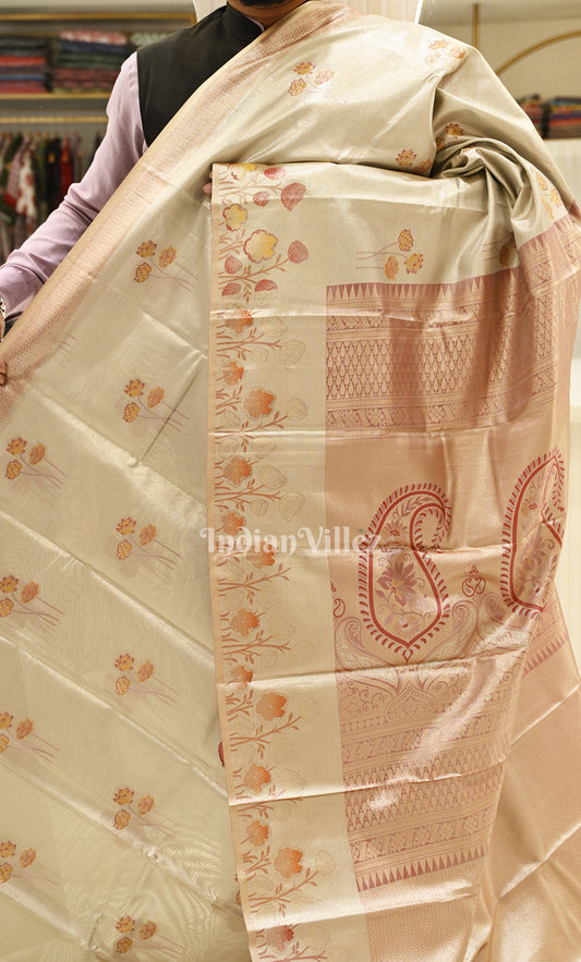 Beige Floral Pure Kanjivaram Tissue Silk Saree