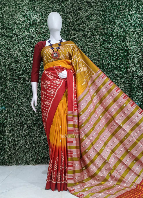 Mustard Yellow Red Buti Odisha Ikat Contemporary Designer Saree