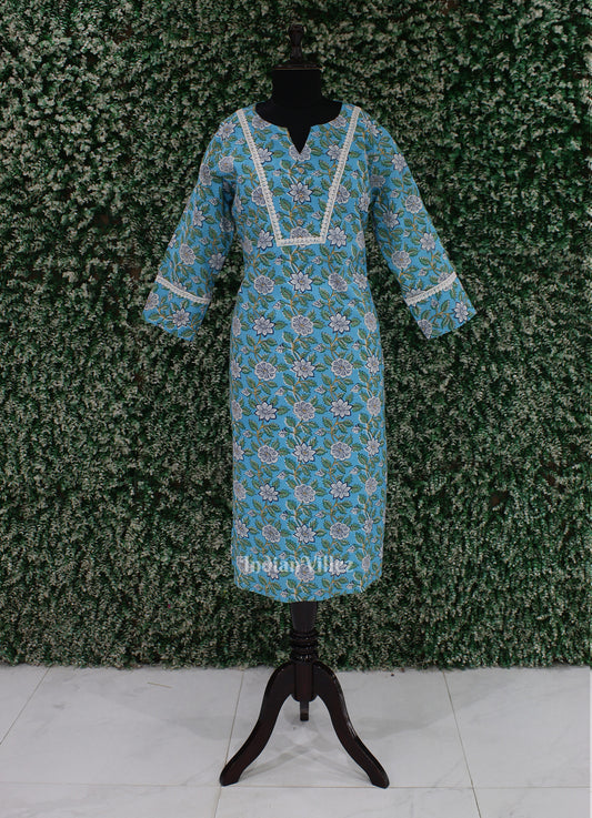Sky Blue Floral Cotton Block Printed Kurti for Women