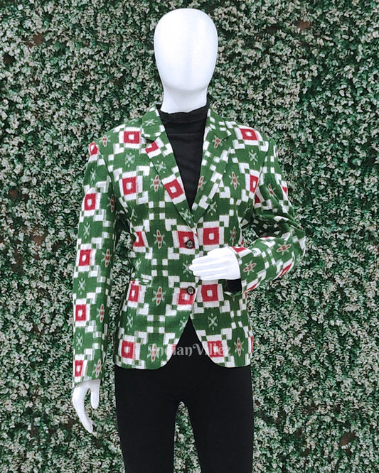 Mehendi Green Red Pasapali Odisha Ikat Women's Designer Blazer 