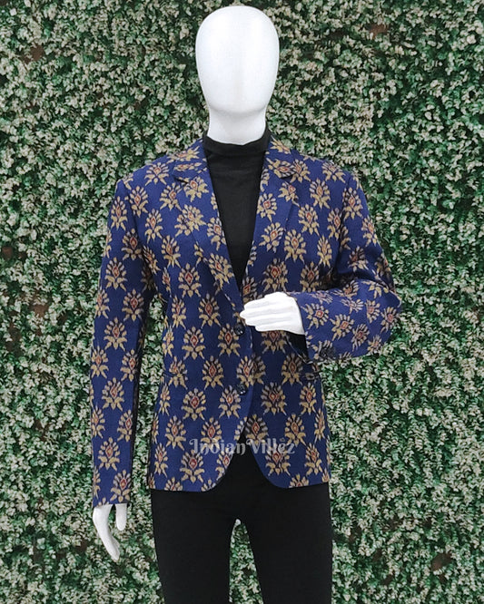 Blue Floral Motif Odisha Ikat Women's Designer Blazer