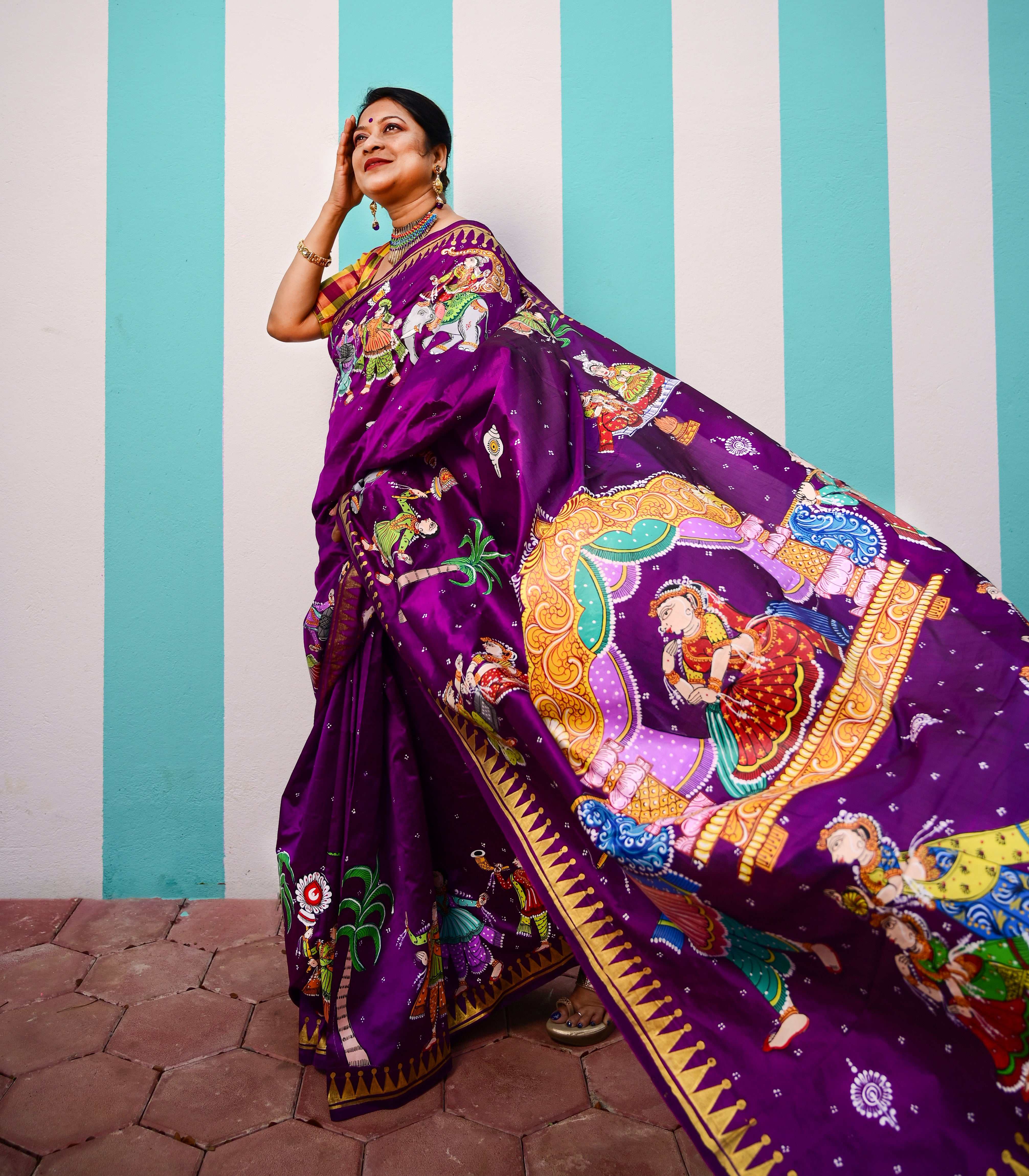 Purple Doli Barat Theme Hand-Painted Pattachitra Silk Saree