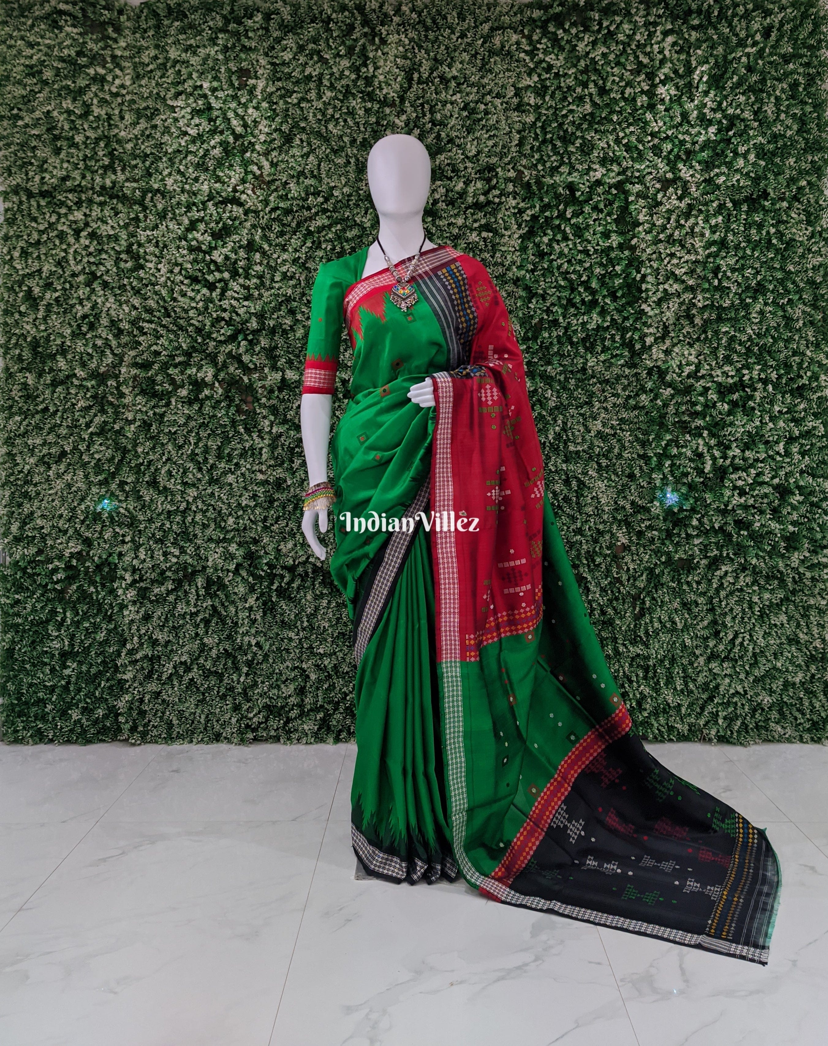 Green Red Black Long Single Pallu Berhampuri Silk Saree