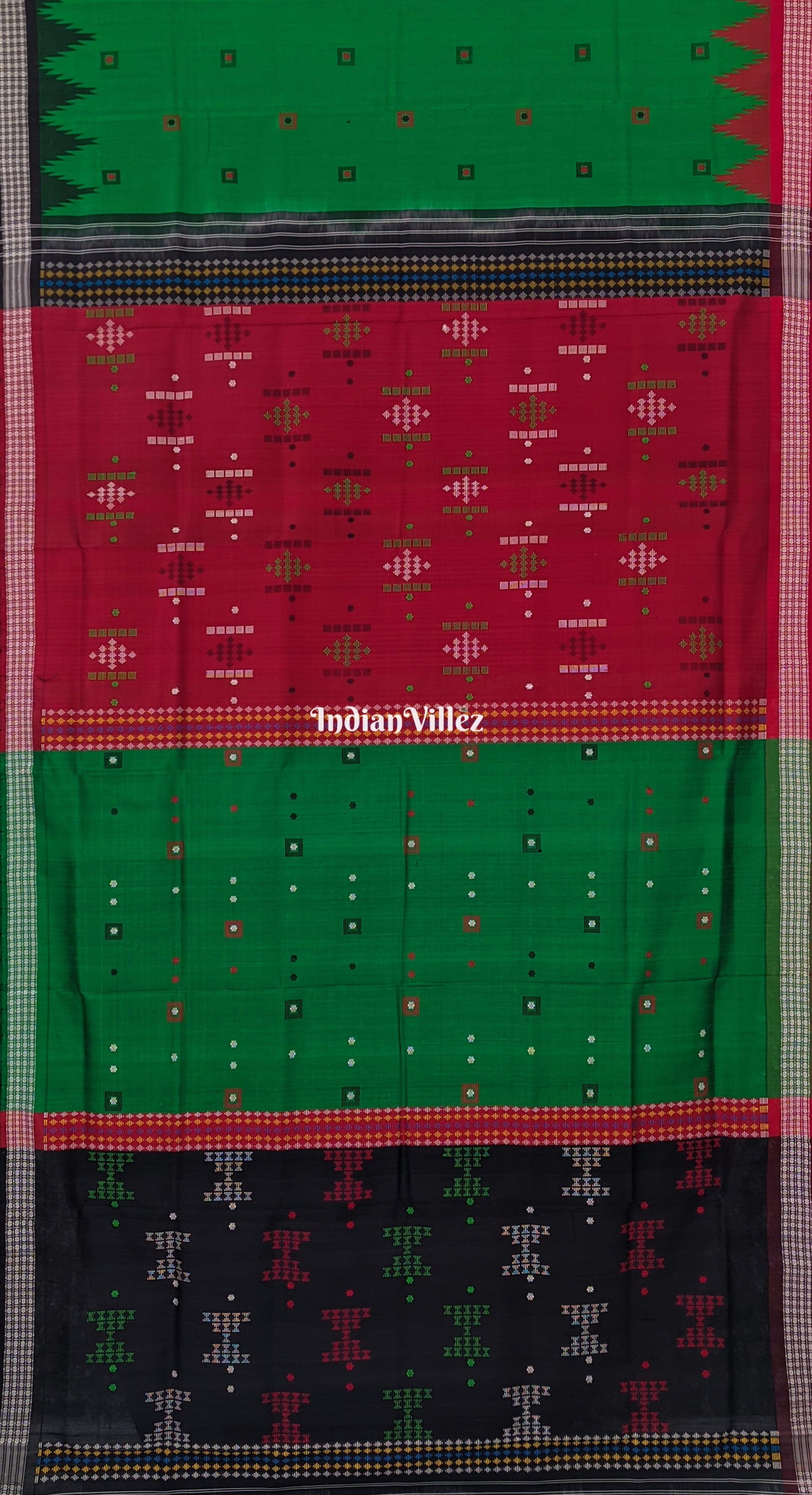 Green Red Black Long Single Pallu Berhampuri Silk Saree
