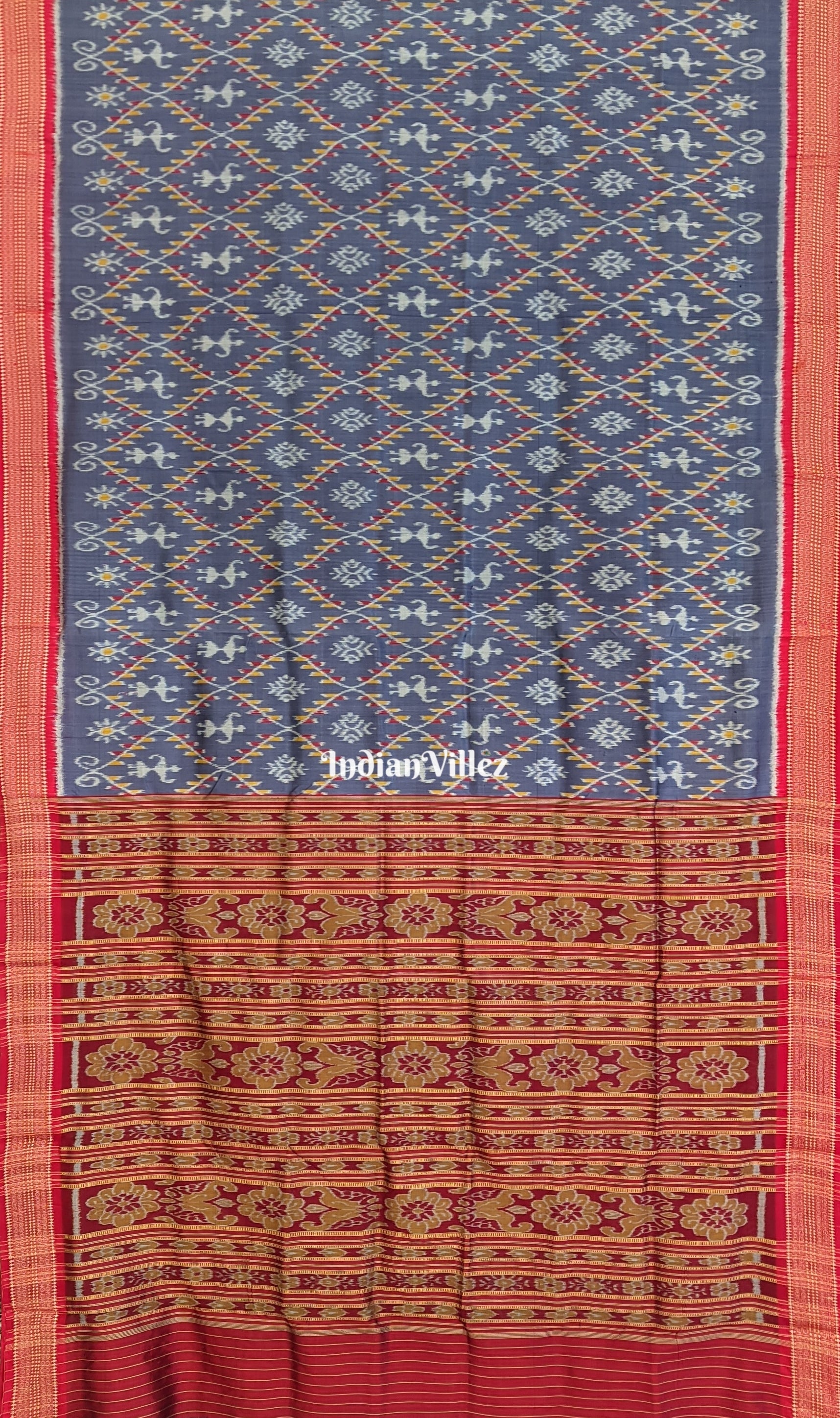 Grey with White Tribal Odisha Handloom Khandua Silk Saree