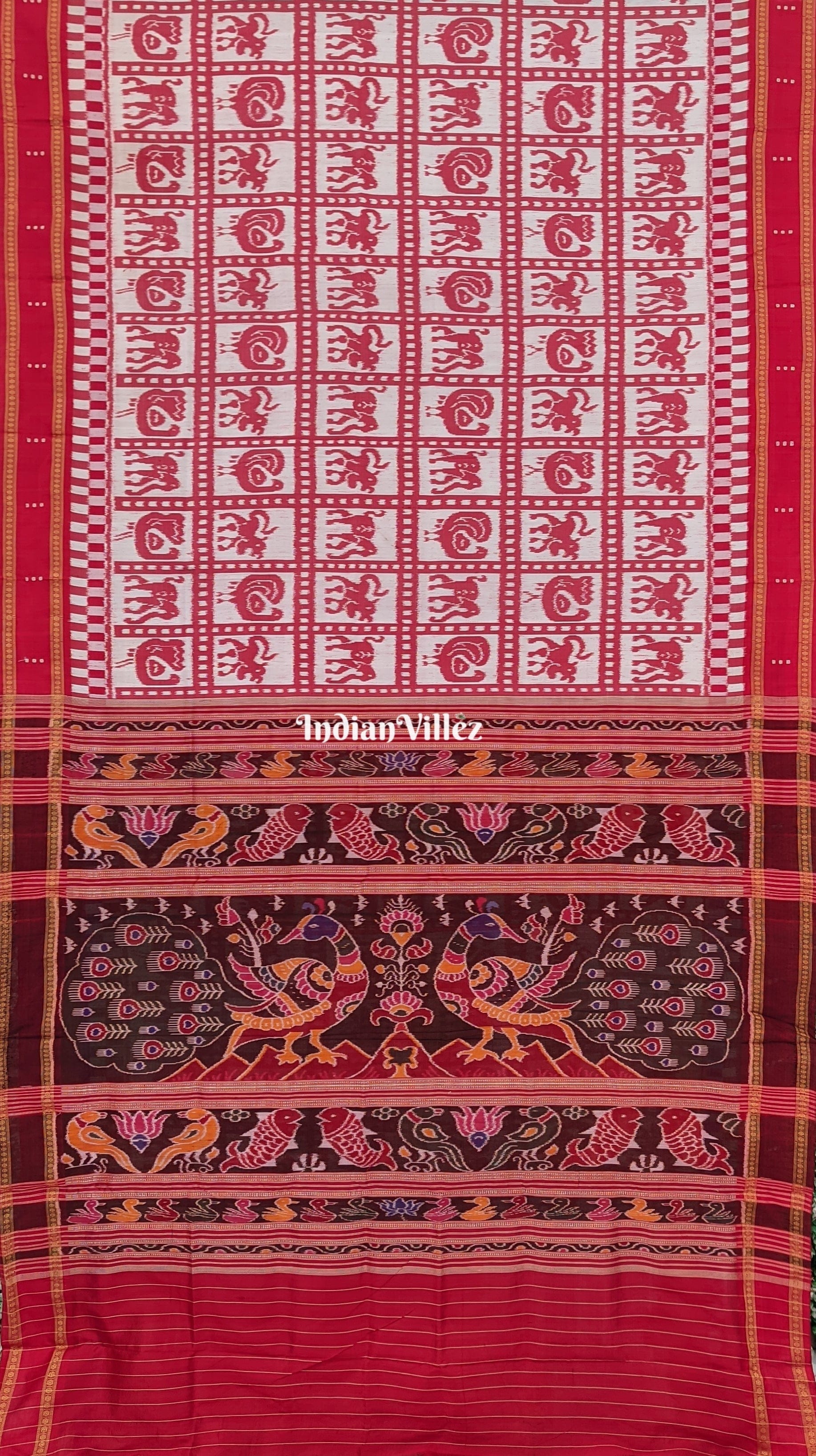 White Elephant Peacock Themed Border Double Ikat Odisha Handloom Silk saree