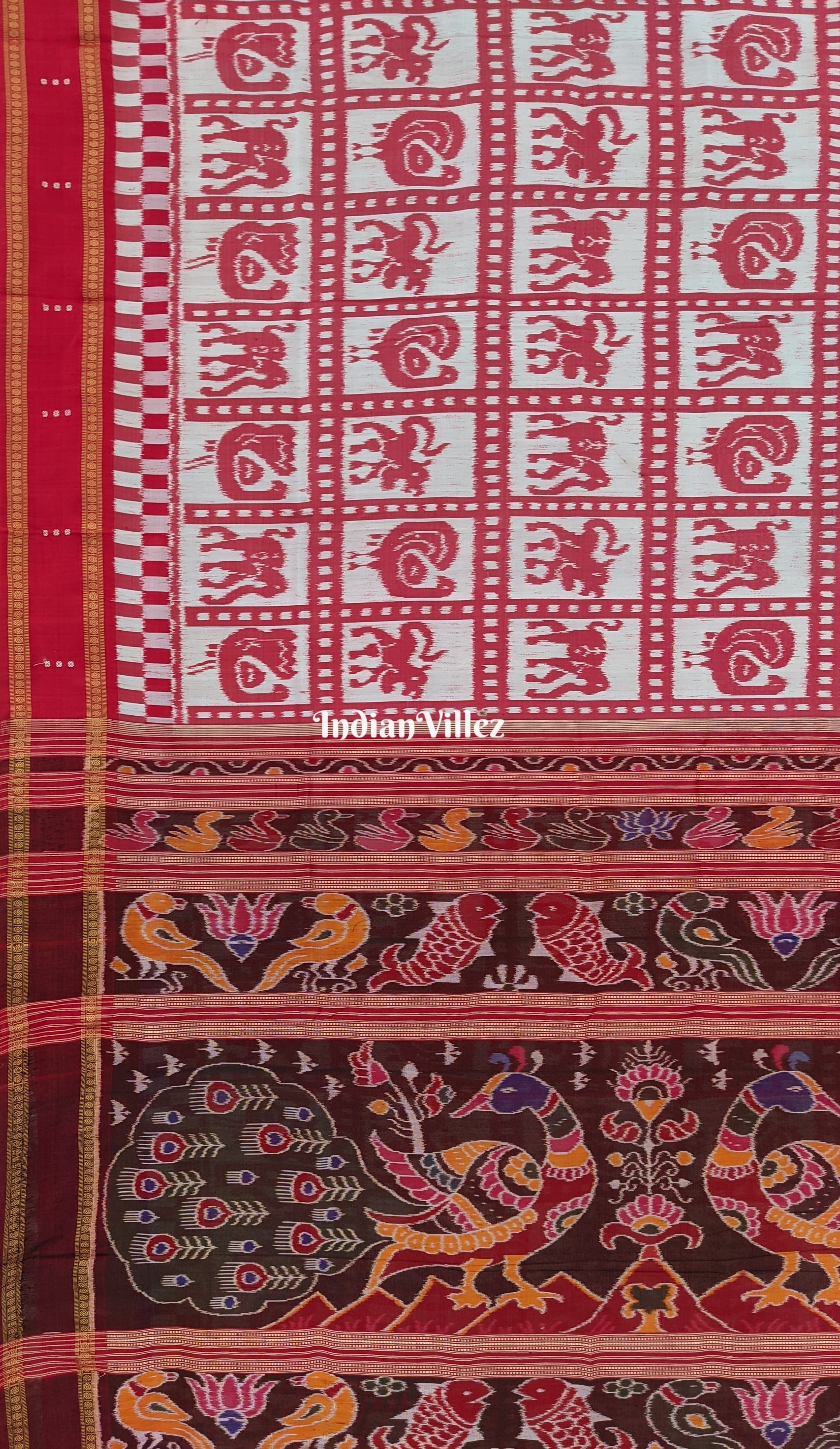 White Elephant Peacock Themed Border Double Ikat Odisha Handloom Silk saree