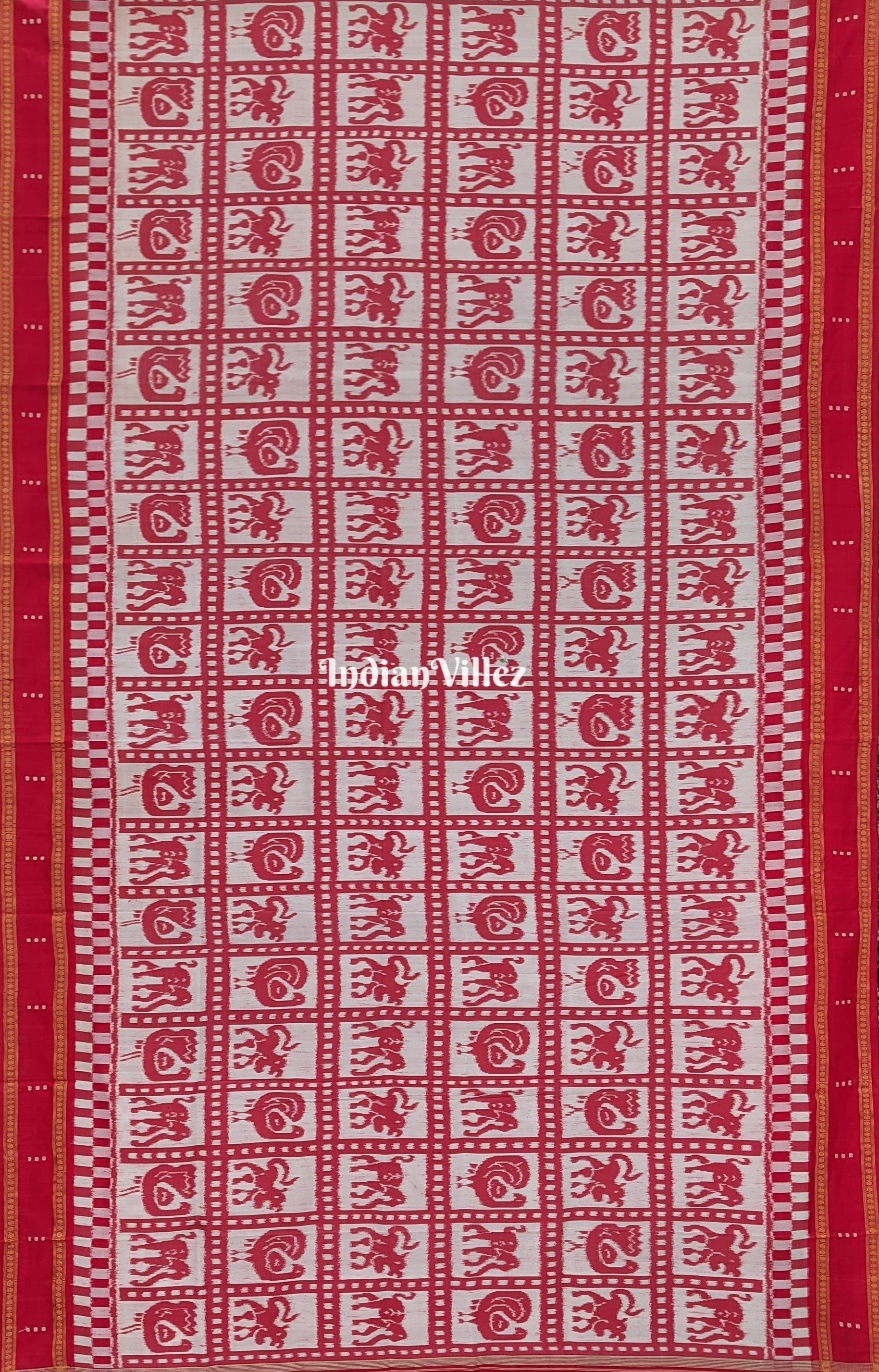 White Elephant Peacock Themed Border Double Ikat Odisha Handloom Silk saree