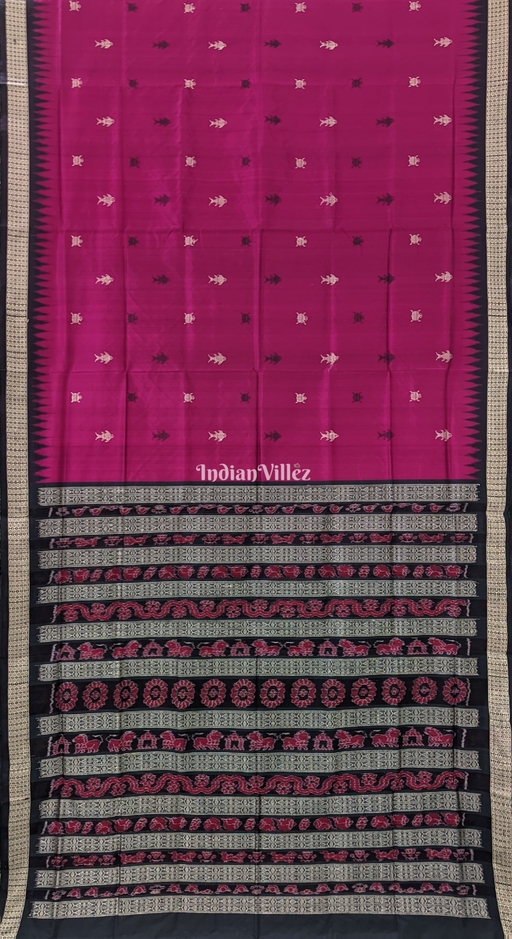 Magenta Tortoises & Fish Motif Bomkai Silk Saree