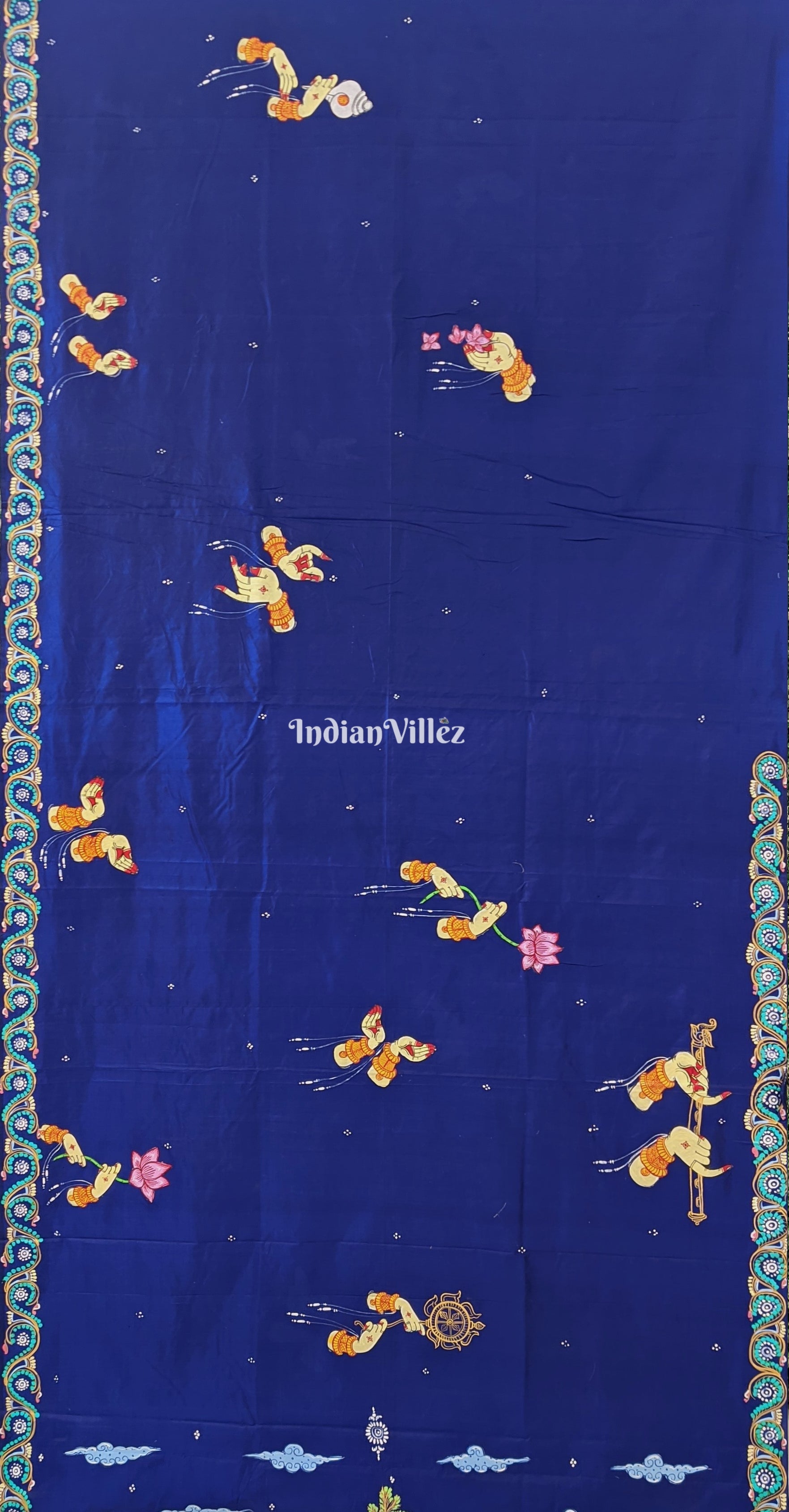 Blue Arjuna Bows to Navagunjara Pure Pattachitra Silk Saree