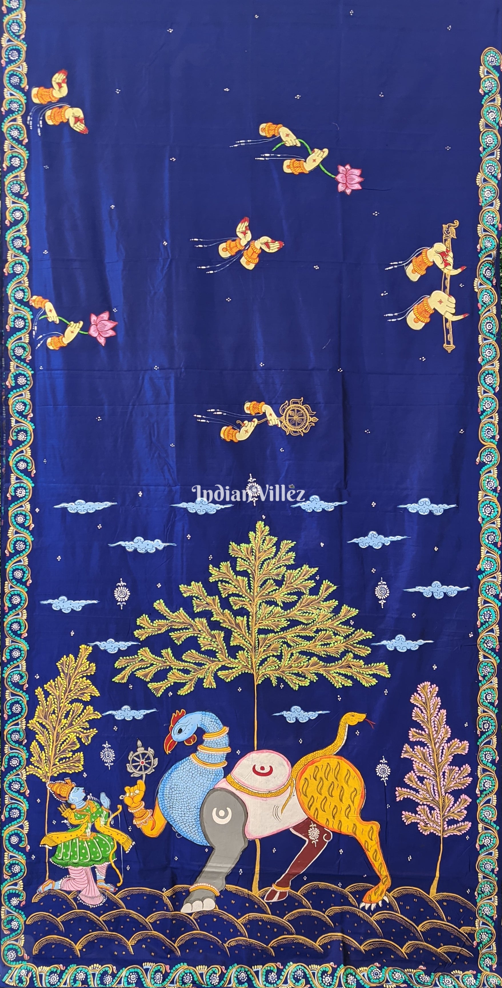 Blue Arjuna Bows to Navagunjara Pure Pattachitra Silk Saree