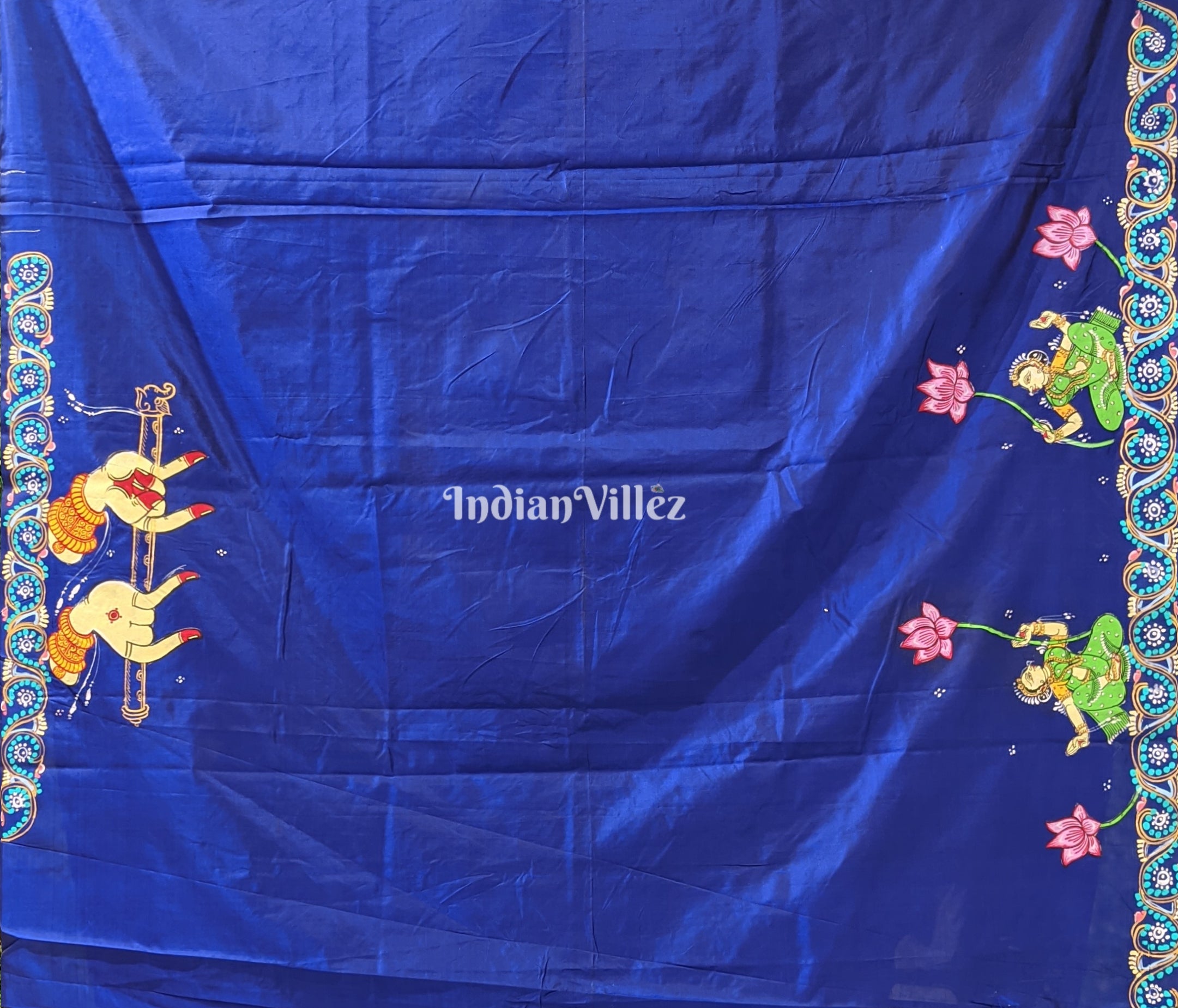 Blue Arjuna Bows to Navagunjara Pure Pattachitra Silk Saree
