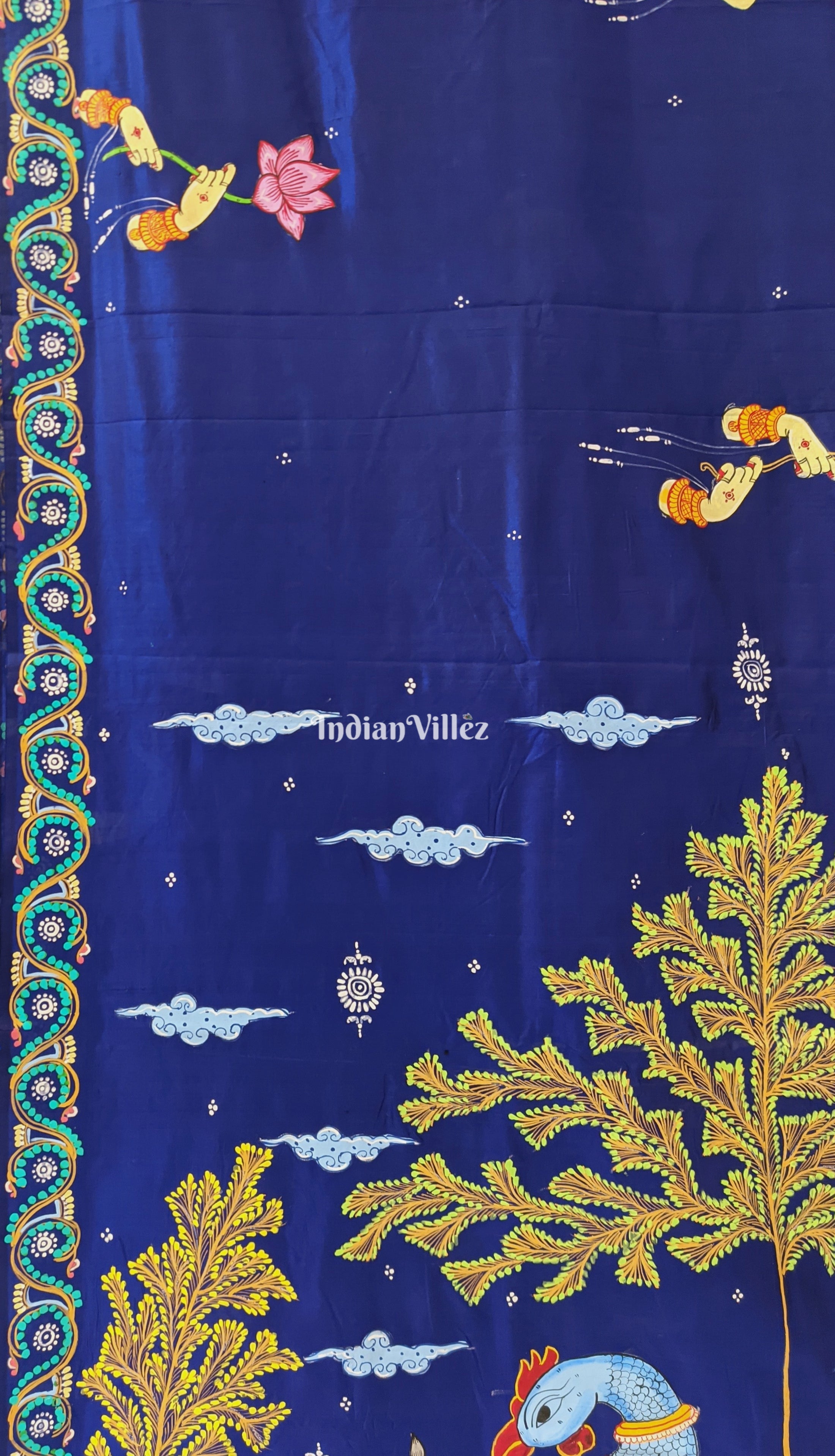 Blue Arjuna Bows to Navagunjara Pure Pattachitra Silk Saree