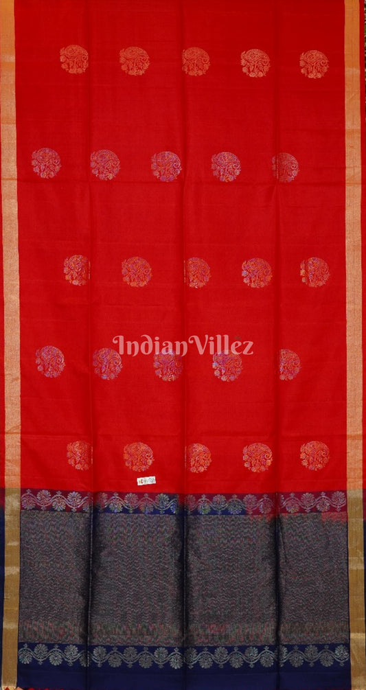 Red With Blue Pure Kanjivaram Soft Silk Saree