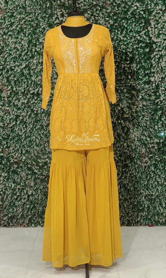 Yellow Embroidered Kurta Set with Sharara and Dupatta
