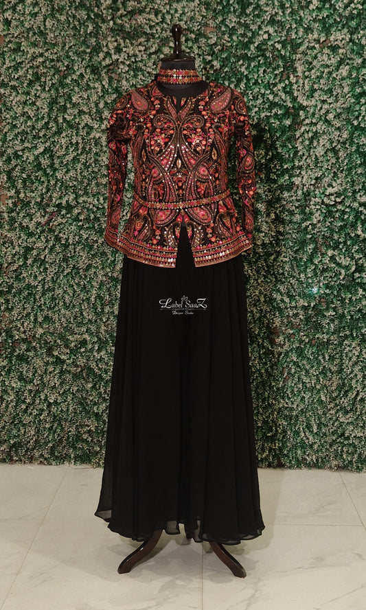 Designer Red Black Embroidered Kurta Set with Sharara and Dupatta
