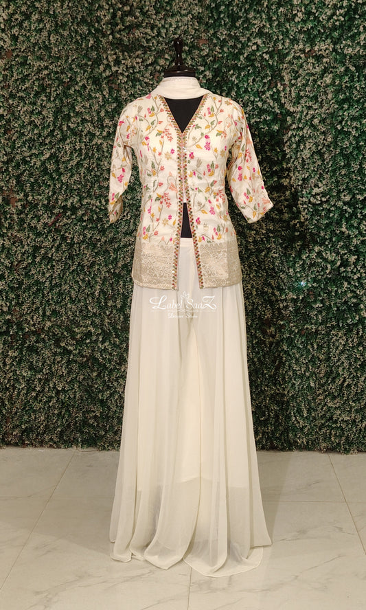 Ethnic White Multi Thread Embroidered Blazer Jacket With Flared Palazzo Set