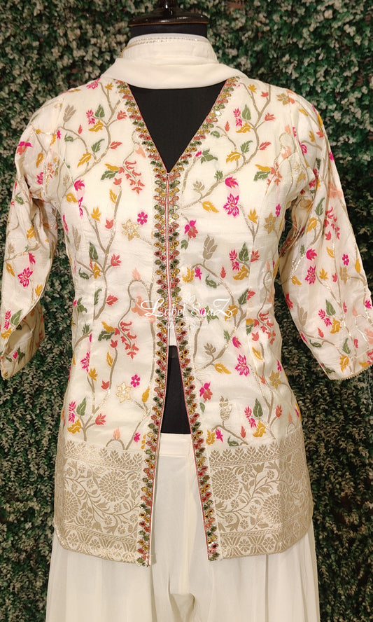 Ethnic White Multi Thread Embroidered Blazer Jacket With Flared Palazzo Set