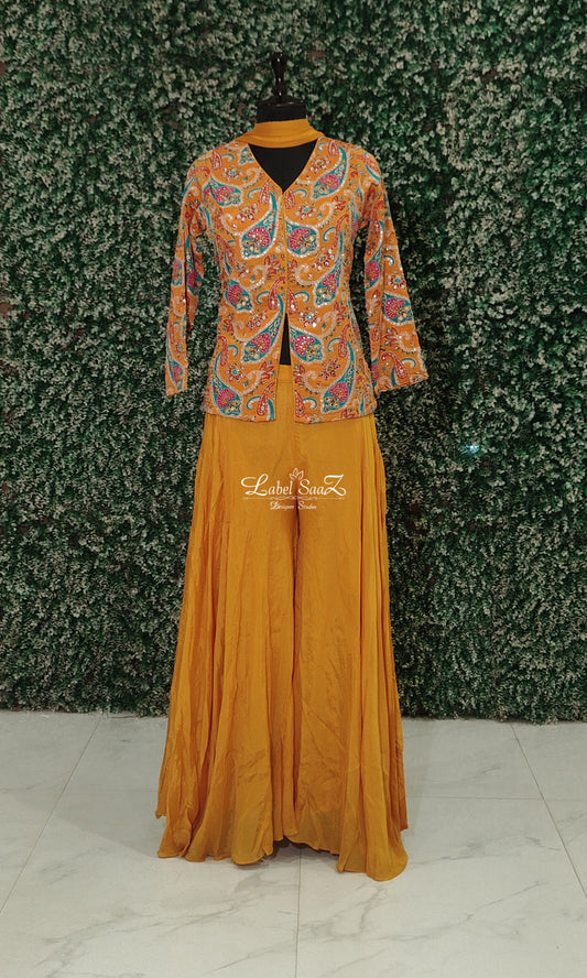 Mustard Yellow Mirror Work Floral Jacket With Flared Palazzo Set