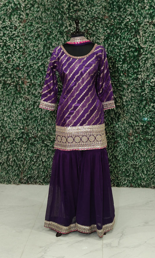 Purple Banarasi Silk Kurta Set with Sharara and Dupatta