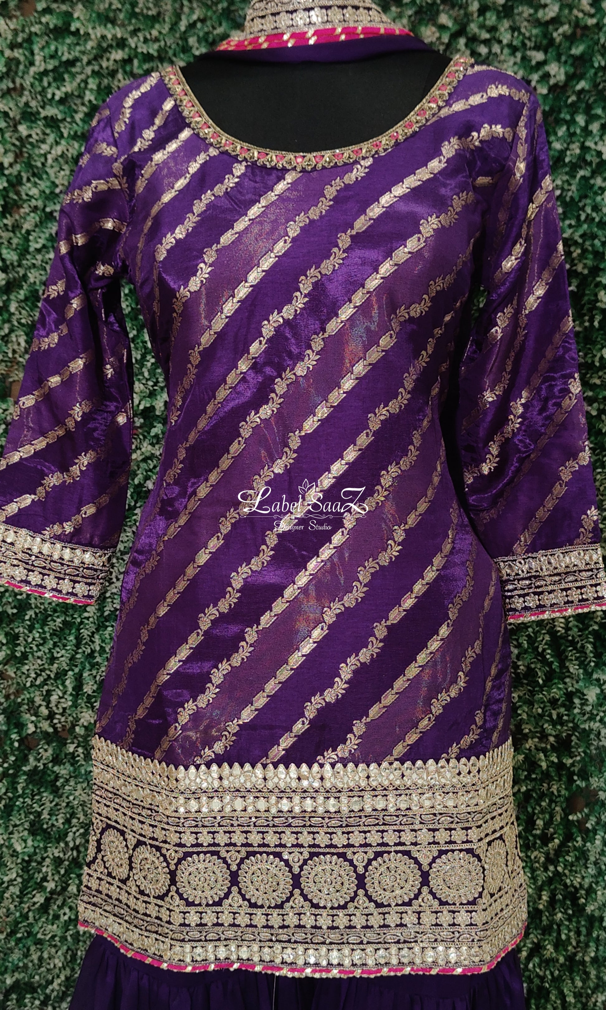 Purple Banarasi Silk Kurta Set with Sharara