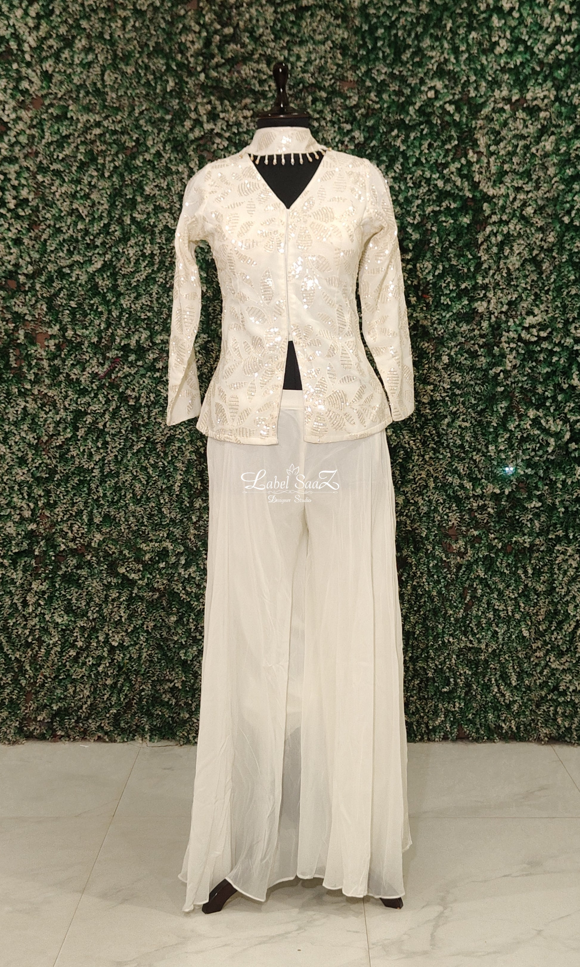 White Cutdana Sequin Kurta Set with Sharara and Dupatta