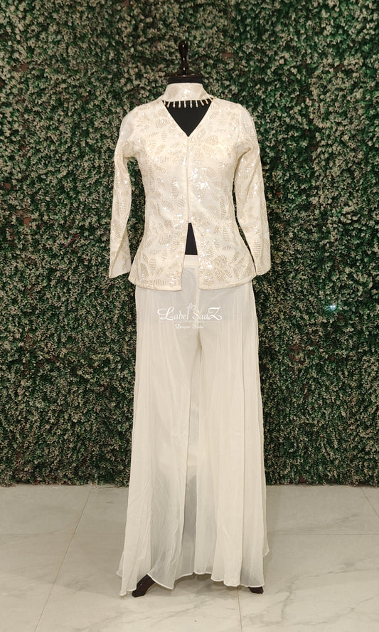 White Cutdana Sequin Kurta Set with Sharara and Dupatta