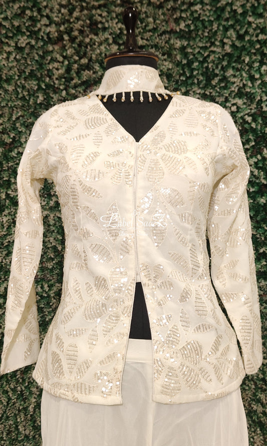 White Cutdana Sequin Kurta Set with Sharara and Dupatta 