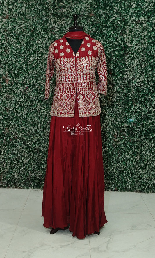 Red Embroidered Kurta with Palazzo Set and Dupatta