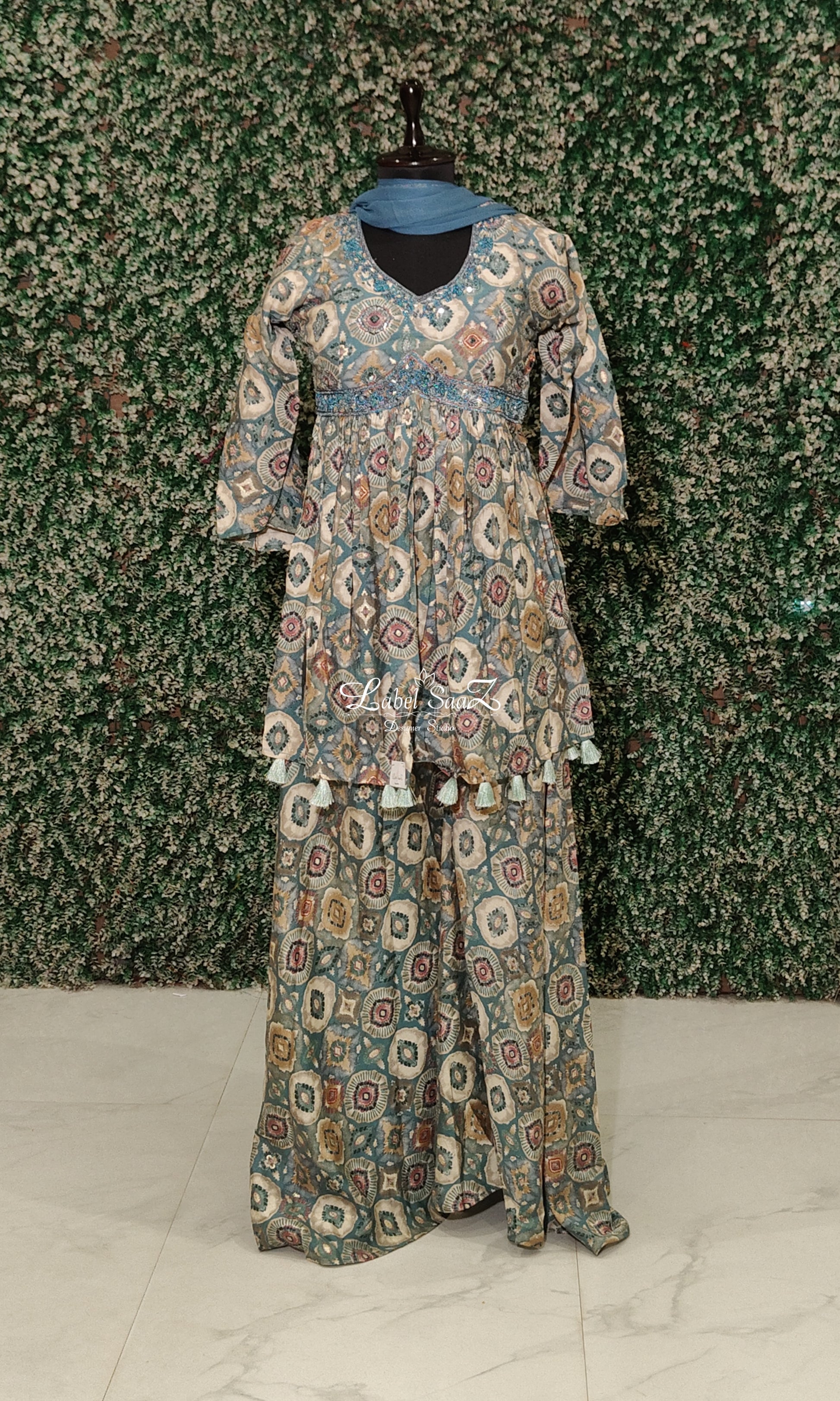 Blue with Multicolour Printed  work with Palazzo Set