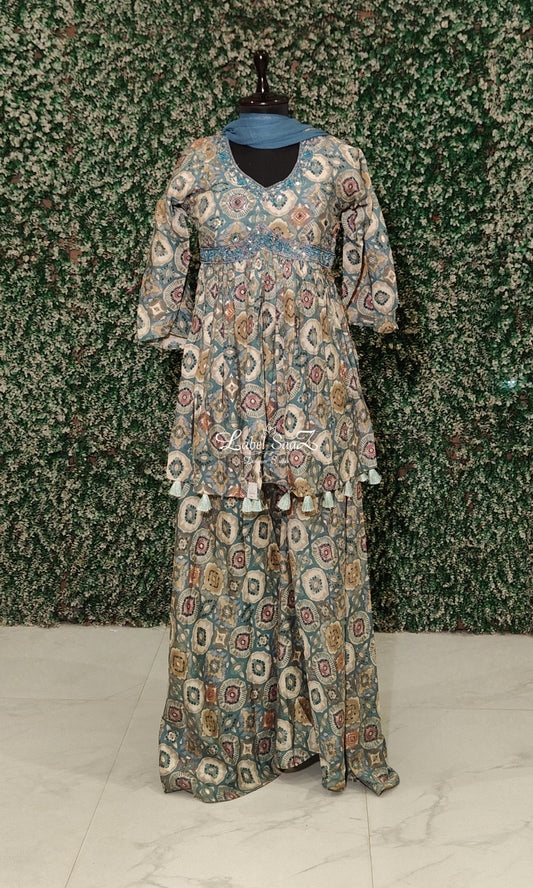 Blue with Multicolour Printed  work with Palazzo Set