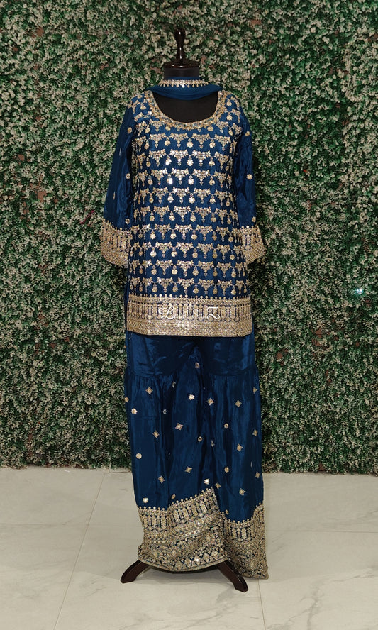 Ethnic Navy Blue Kurta Set with Sharara and Dupatta