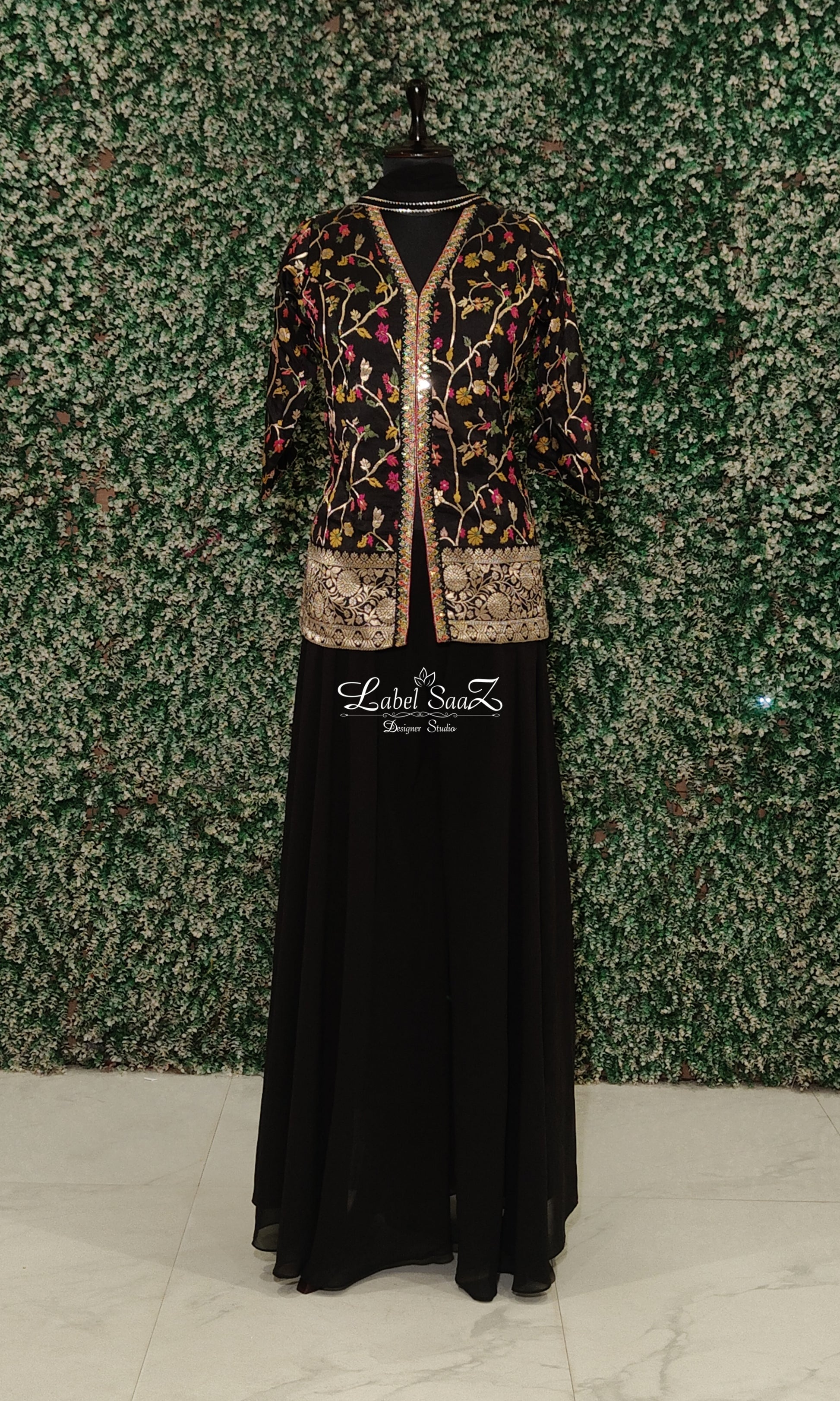 Designer Black  Embroidered  Raw silk Jacket with Banarasi work Sharara set