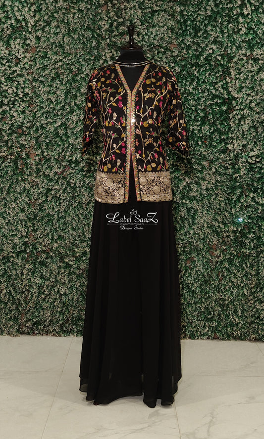 Designer Black  Embroidered  Raw silk Jacket with Banarasi work Sharara set