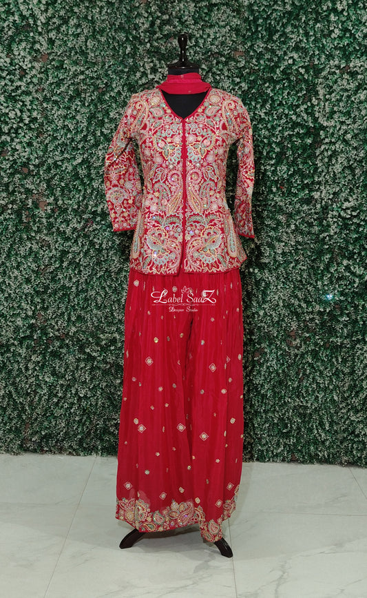 Red Embroidery, Pearl, Sequins and Zari work Palazzo Set