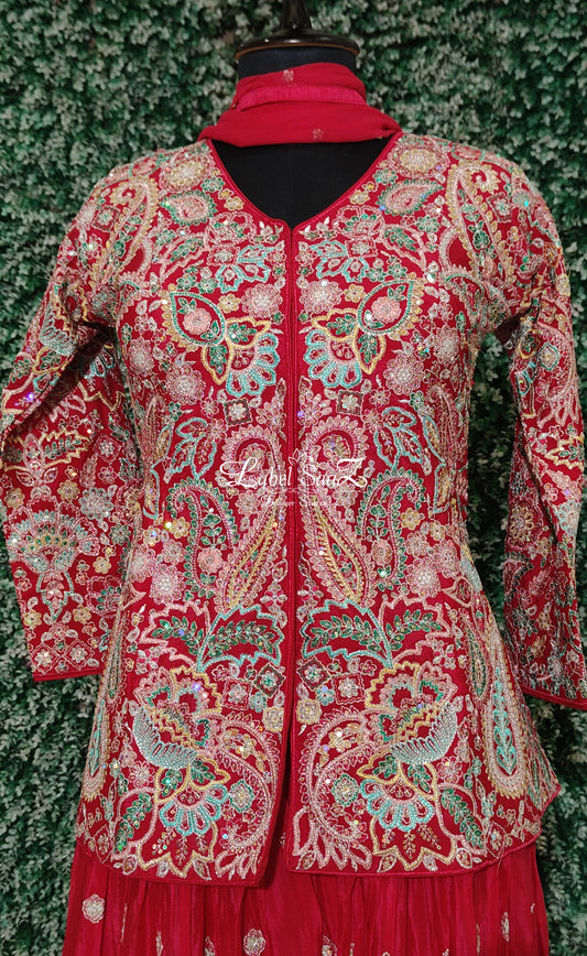 Red Embroidery, Pearl, Sequins and Zari work Palazzo Set