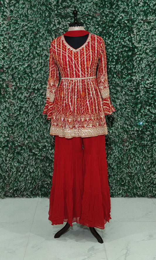 Red Bandhini  Frill Kurta with Sharara Set