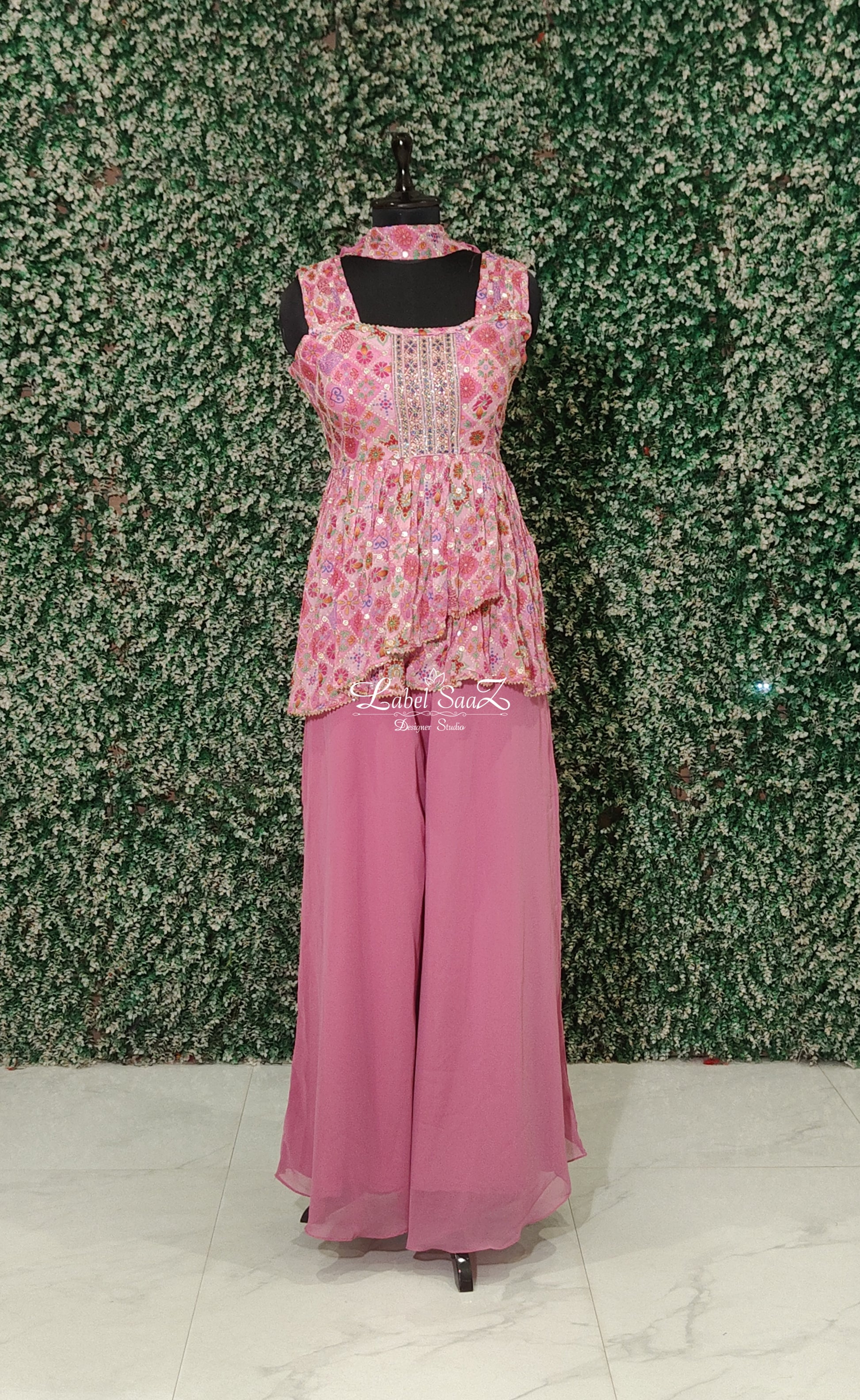 Pink Floral Embroidered Frill Top With Palazzos & Dupatta