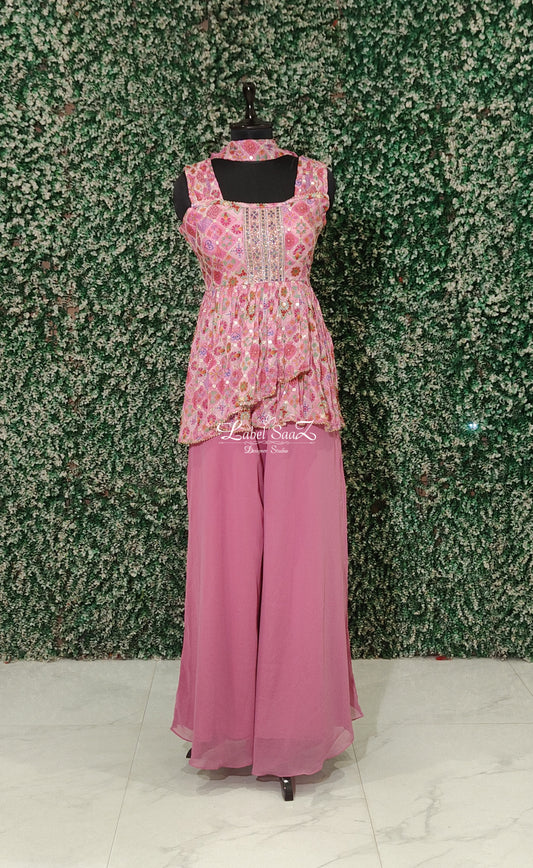Pink Floral Embroidered Frill Top With Palazzos & Dupatta