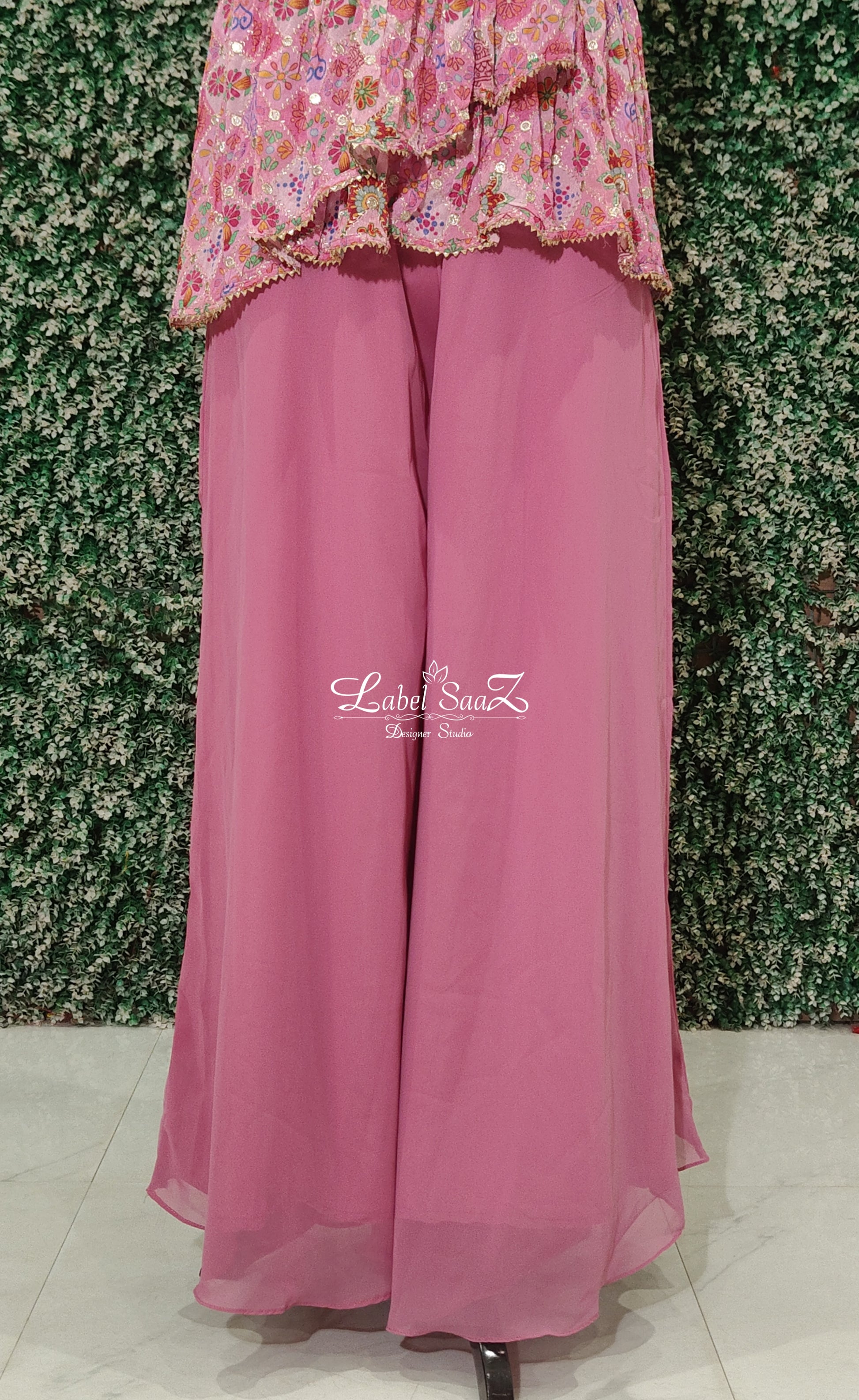 Pink Floral Embroidered Frill Top With Palazzos & Dupatta